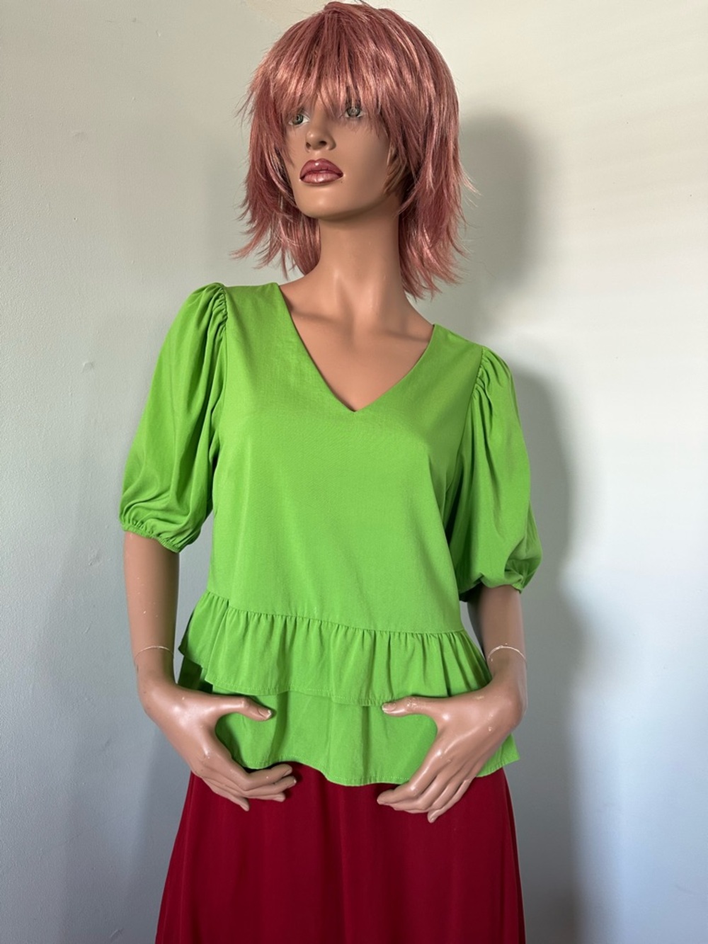 Jade Lime Green V-Neck Ruffle Hem Blouse with Lining